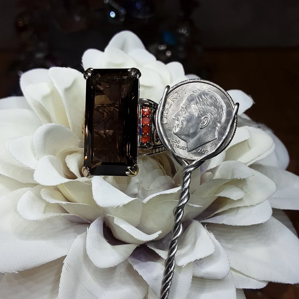 925 genuine smoky quartz, fire opal ring. - Picture 2 of 3